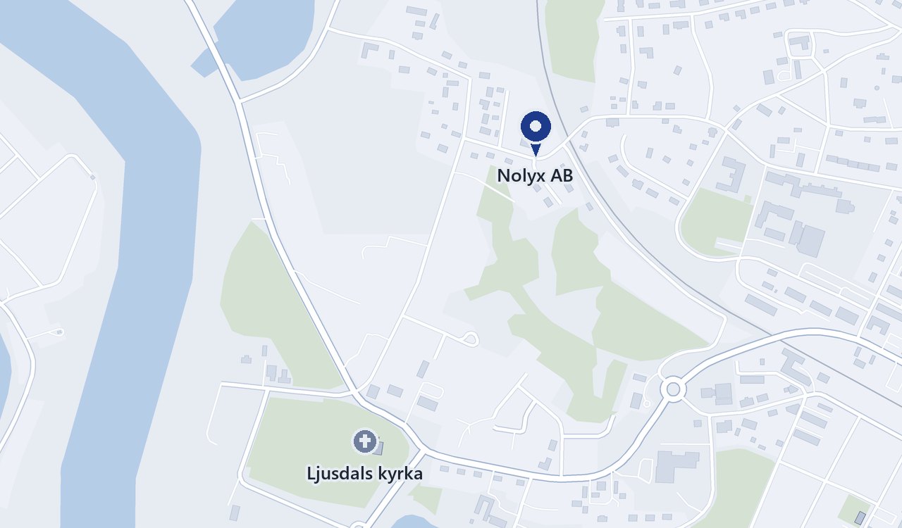 Karta över Ljusdal med Nolyx AB på Pårsgatan 3 och Ljusdals kyrka utmarkerade